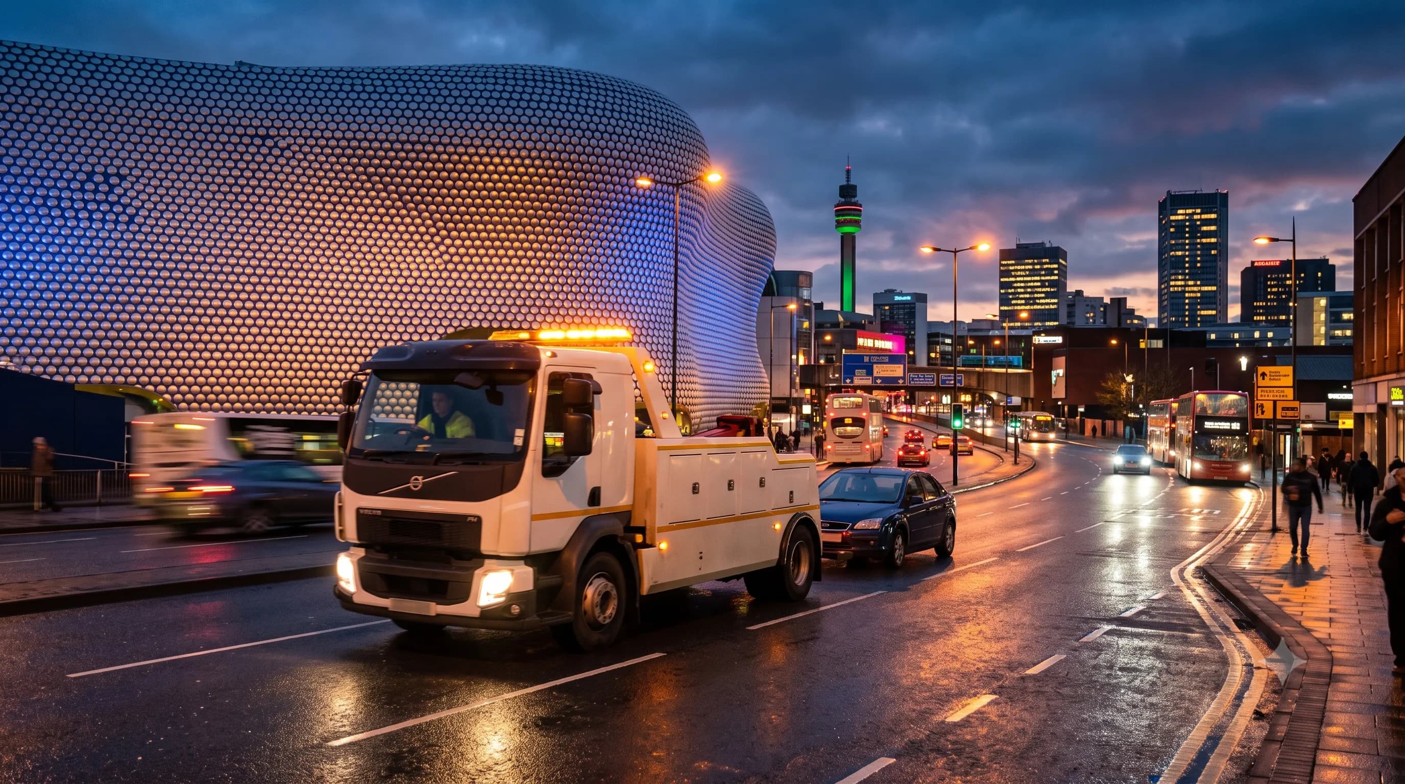 Recovery truck in Birmingham city centre at twilight